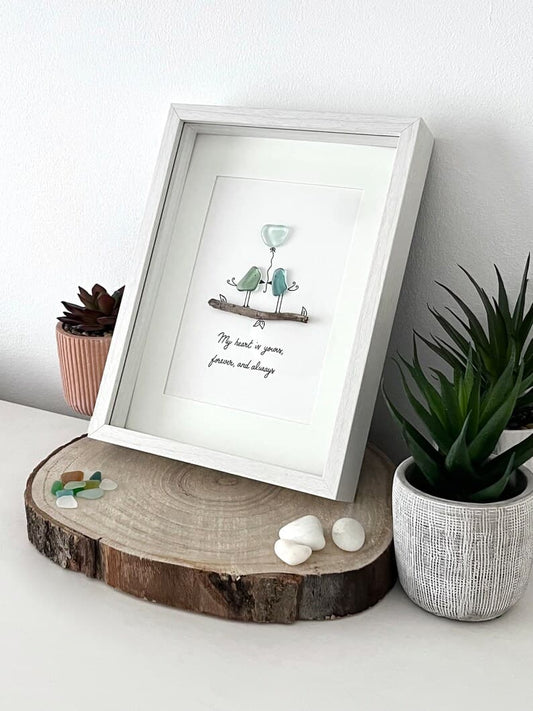 "Pájaros Enamorados en una Rama" - Regalo Personalizado de Cristal de Mar